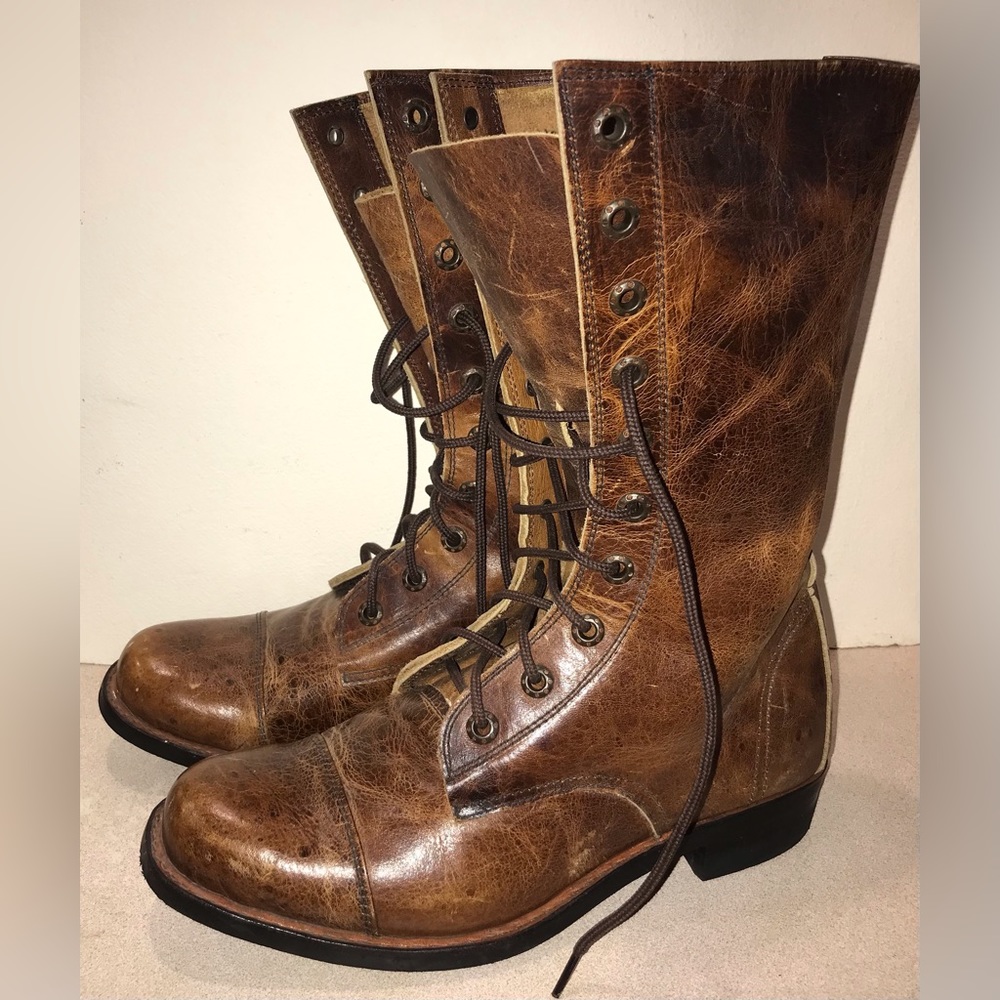 Natural Leather Combat Boots Distressed Burnished Size 8 Made In Guatamala
